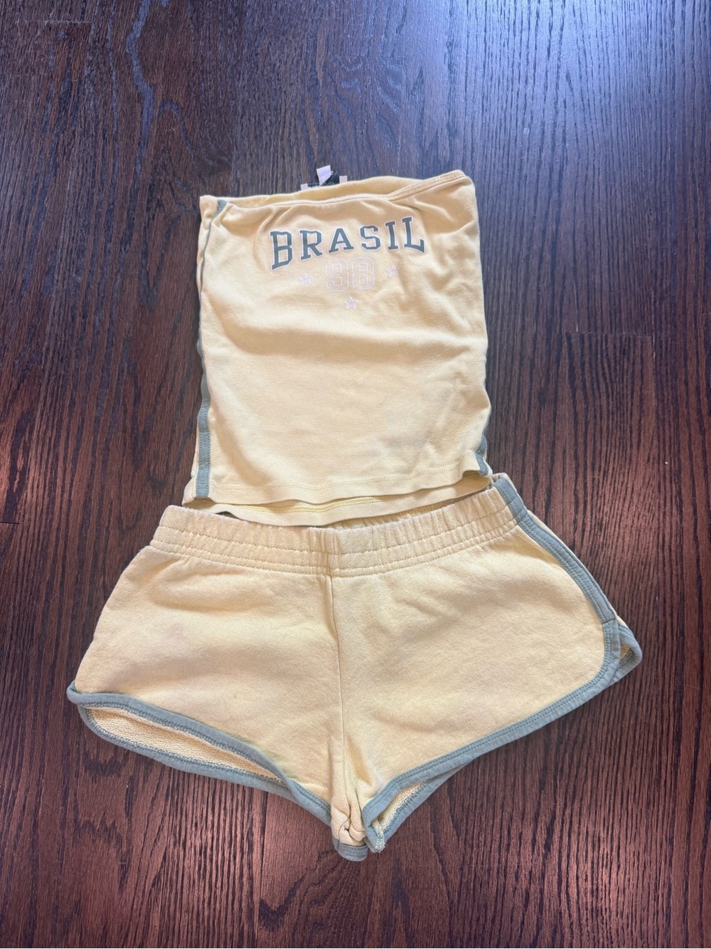 Splendid Soft Yellow Tubetop and Shorts Set with Sage Trim